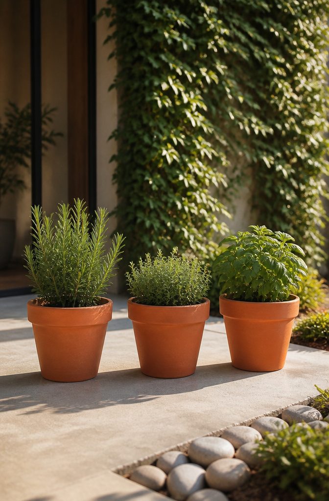 21 Herb Garden Ideas for Raised Beds, Containers & Small Spaces (2026) 15 Three identical terracotta pots containing rosemary and thyme.