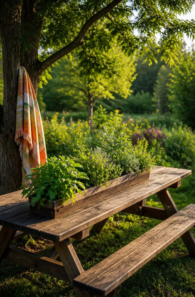 21 Herb Garden Ideas for Raised Beds, Containers & Small Spaces (2026) 8 A picnic table adorned with a planter of parsley and thyme.