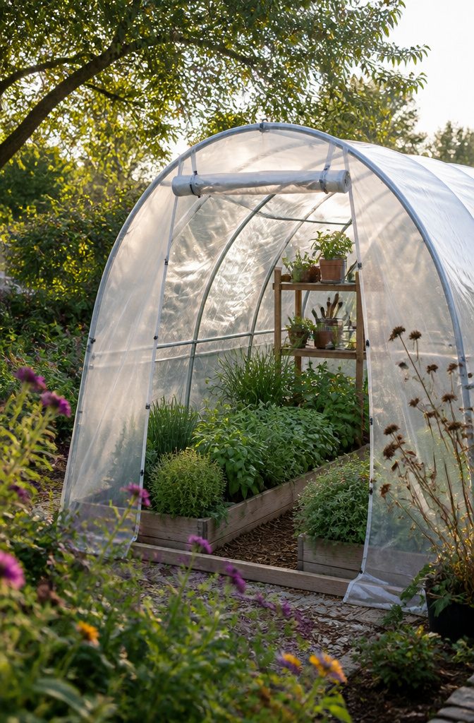 21 Herb Garden Ideas for Raised Beds, Containers & Small Spaces (2026) 10 A polytunnel over raised beds filled with herbs like basil.