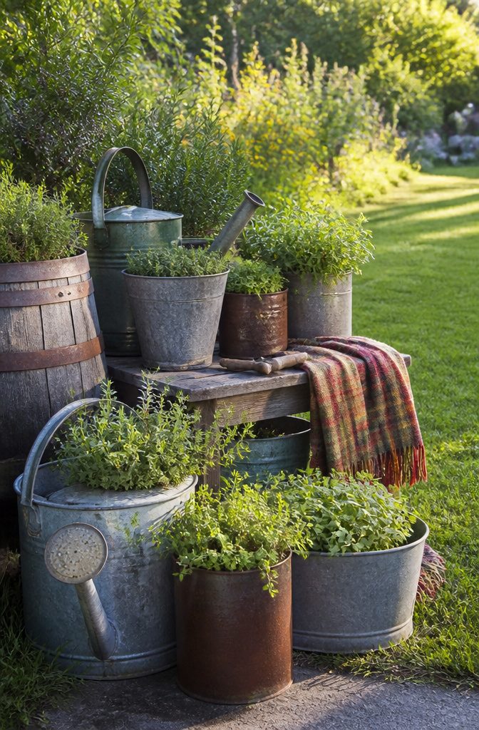 21 Herb Garden Ideas for Raised Beds, Containers & Small Spaces (2026) 11 Old watering cans and buckets filled with herbs in a garden.
