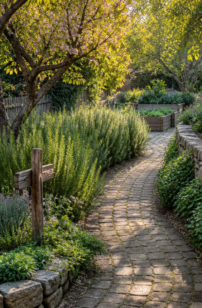 21 Herb Garden Ideas for Raised Beds, Containers & Small Spaces (2026) 6 A hedge of upright rosemary plants along a garden path.