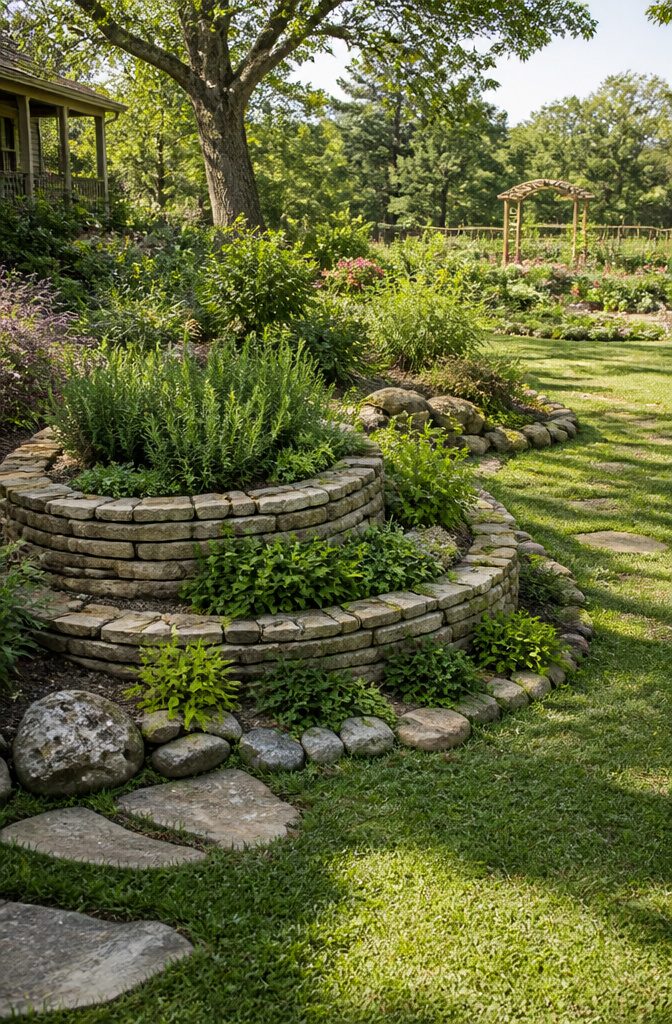 21 Herb Garden Ideas for Raised Beds, Containers & Small Spaces (2026) 9 A tiered garden with various herbs arranged by water needs.