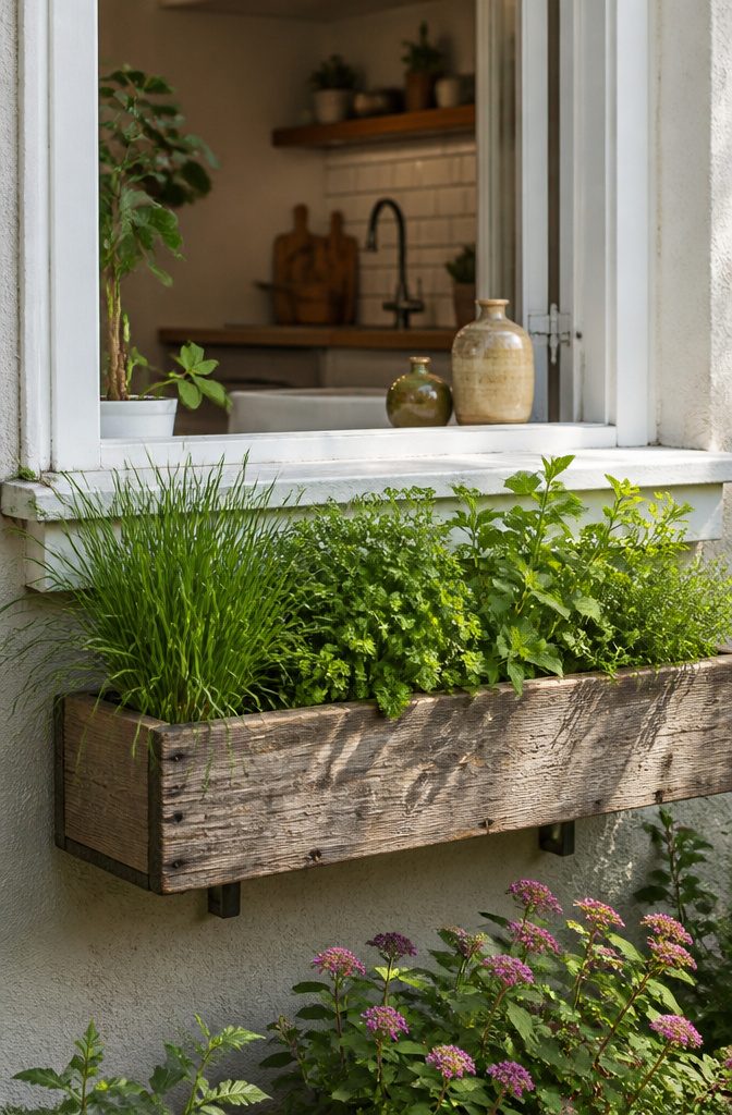 21 Herb Garden Ideas for Raised Beds, Containers & Small Spaces (2026) 7 A wooden window box filled with chives, parsley, and mint.
