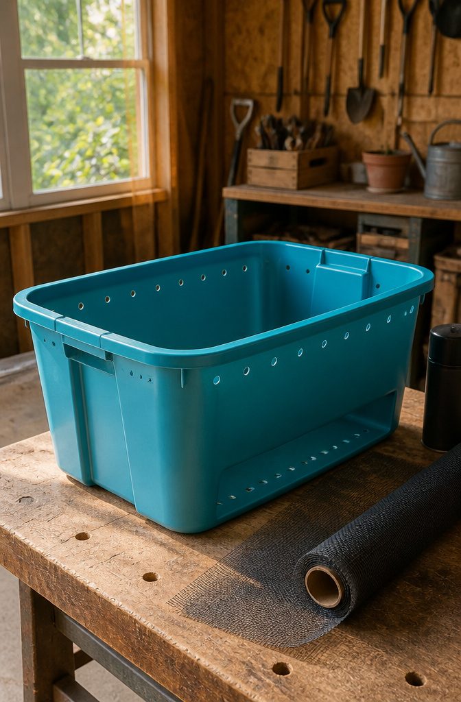 A plastic storage tub with drilled ventilation and drainage holes.