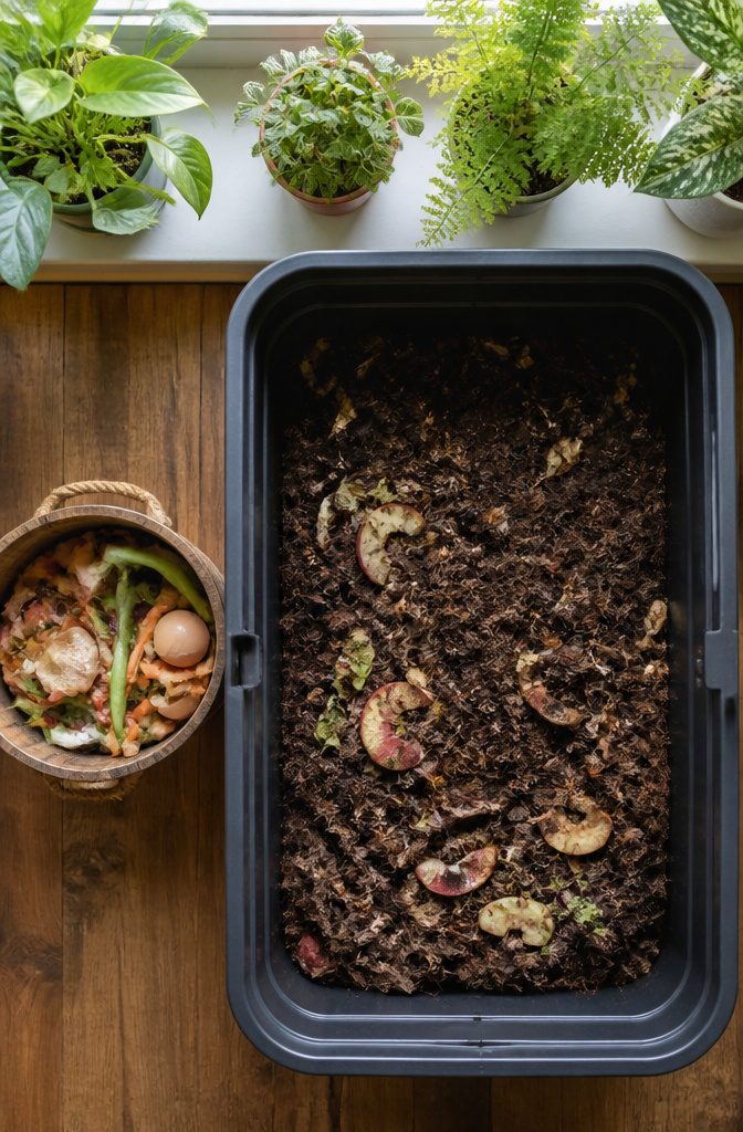 A hand lifting bedding to bury food scraps in a worm bin.