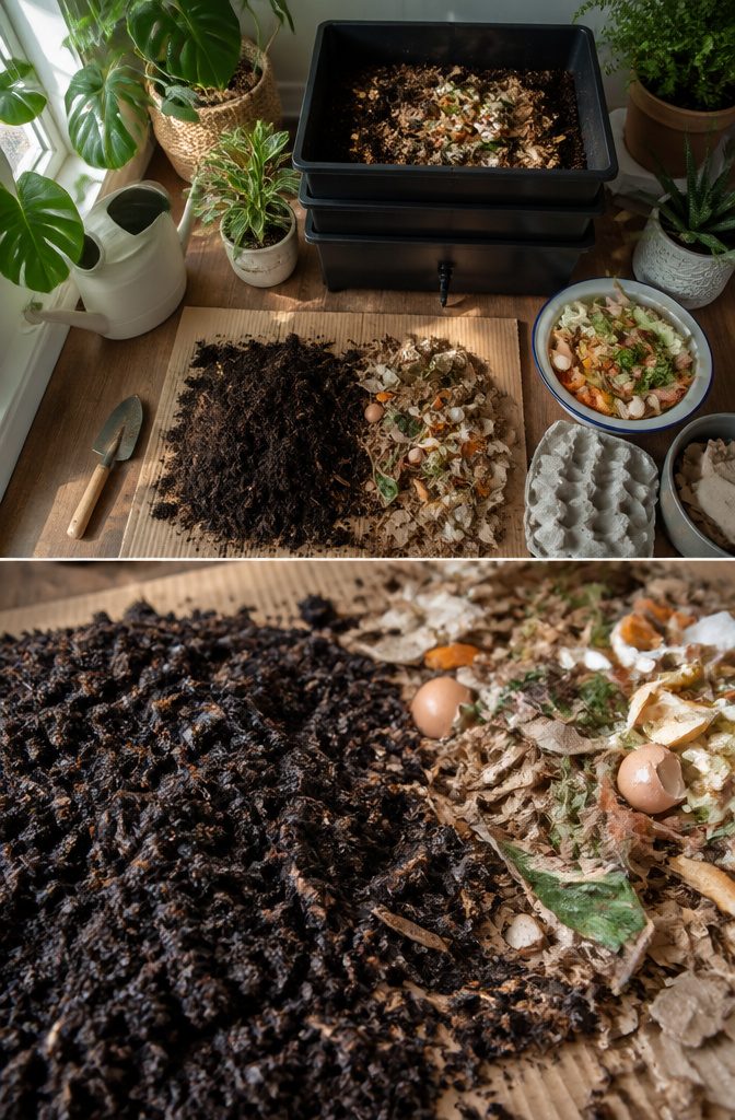 Dark, crumbly worm castings ready for harvesting.