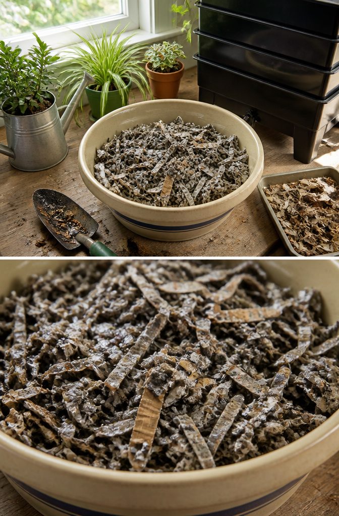 A mixture of shredded newspaper and cardboard for worm bedding.