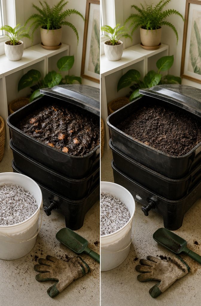 A person adding dry bedding to a worm bin.