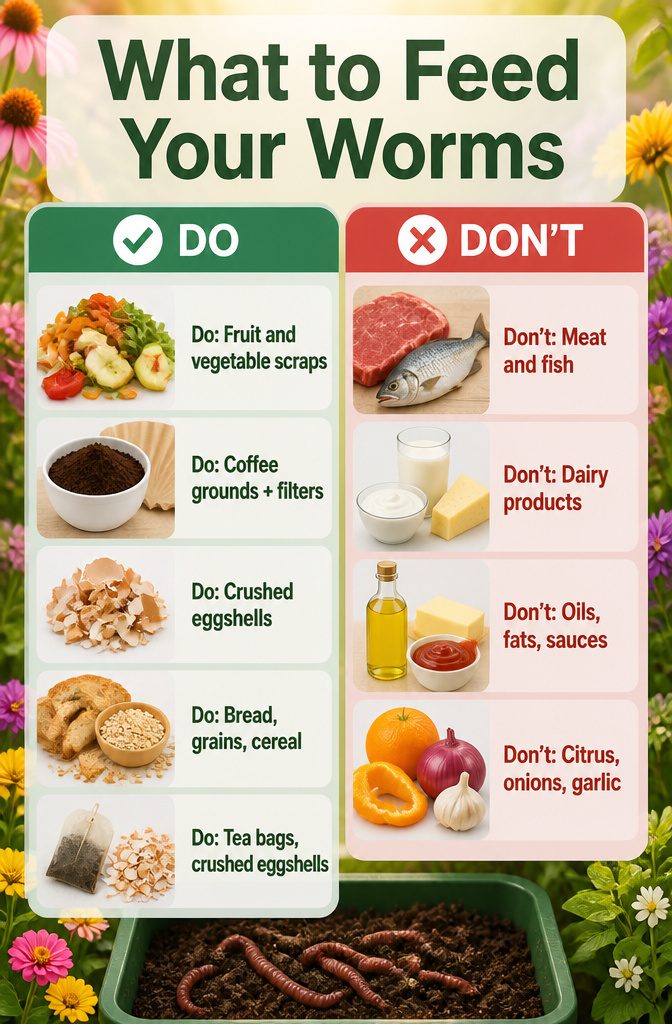 An information image titled 'What to Feed Your Worms'.