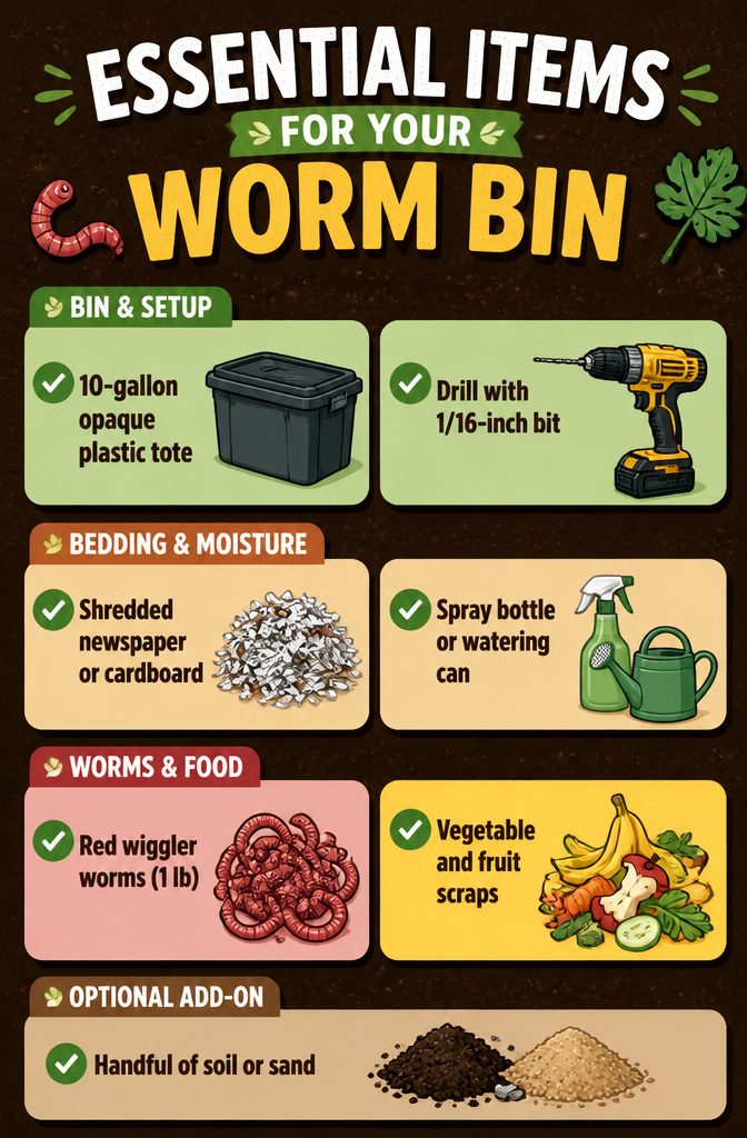 An information image titled 'Essential Items for Your Worm Bin'.