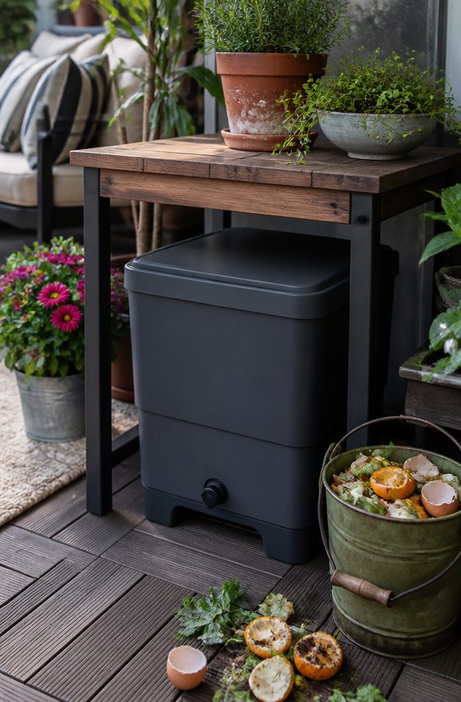 A worm bin positioned under a small table on a patio.