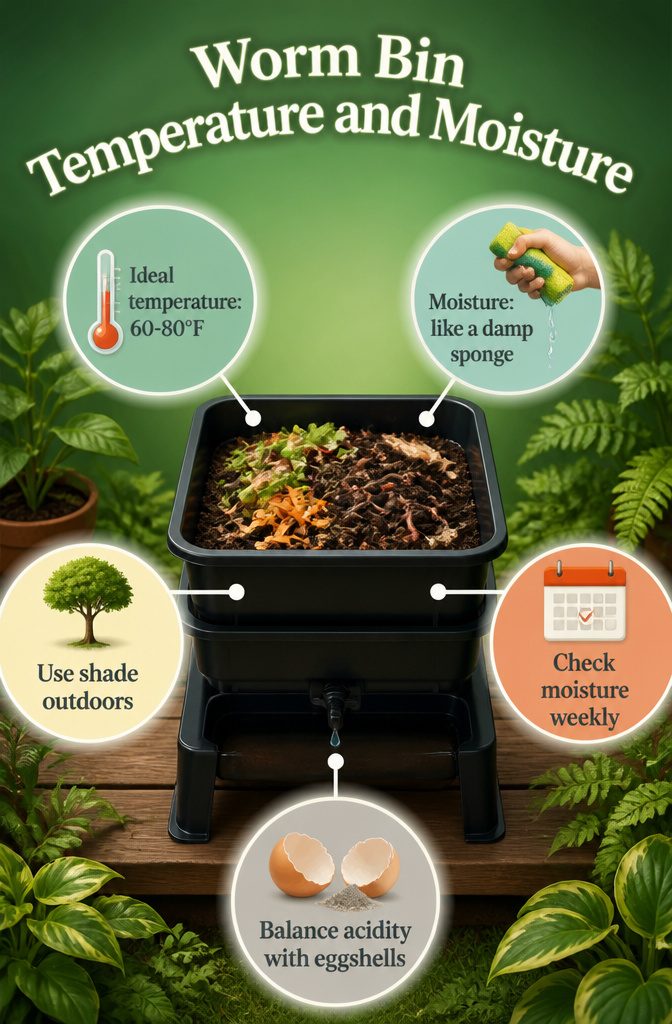 An information image titled 'Worm Bin Temperature and Moisture'.