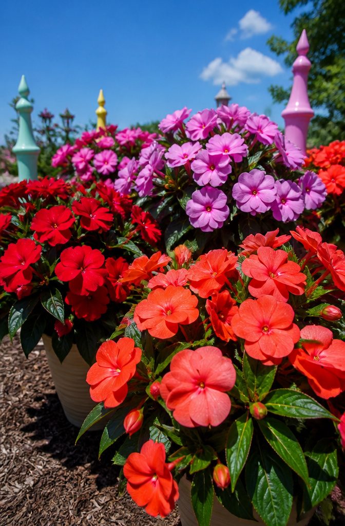 Clusters of colorful SunPatiens flowers in a garden.