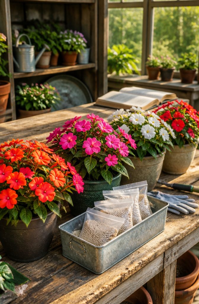 Potted SunPatiens next to bags of fertilizer in a potting area.
