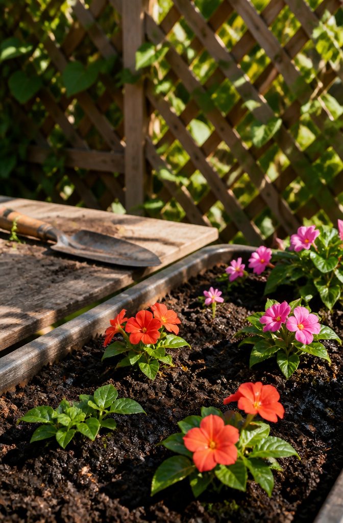 Close-up of dark soil with SunPatiens plants growing.