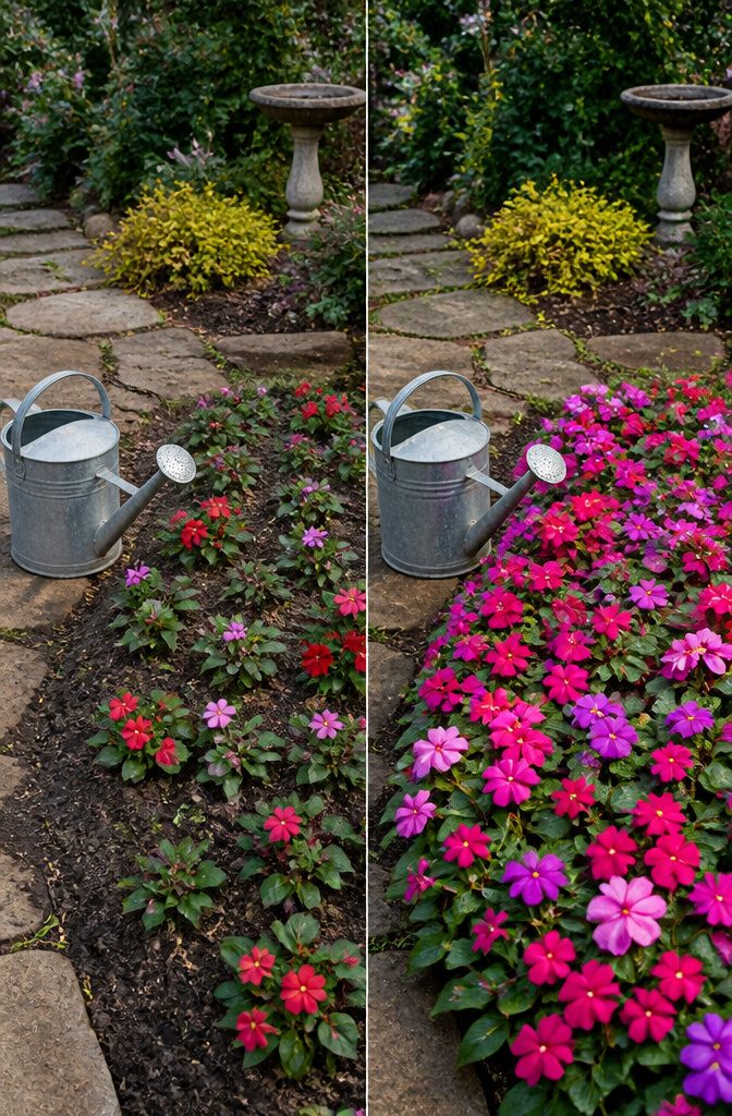Watering SunPatiens in a garden with a watering can.