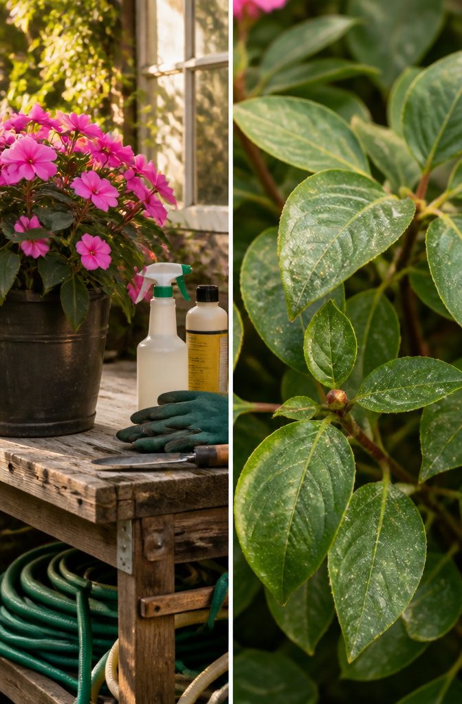 SunPatiens leaves showing signs of pests in a garden.