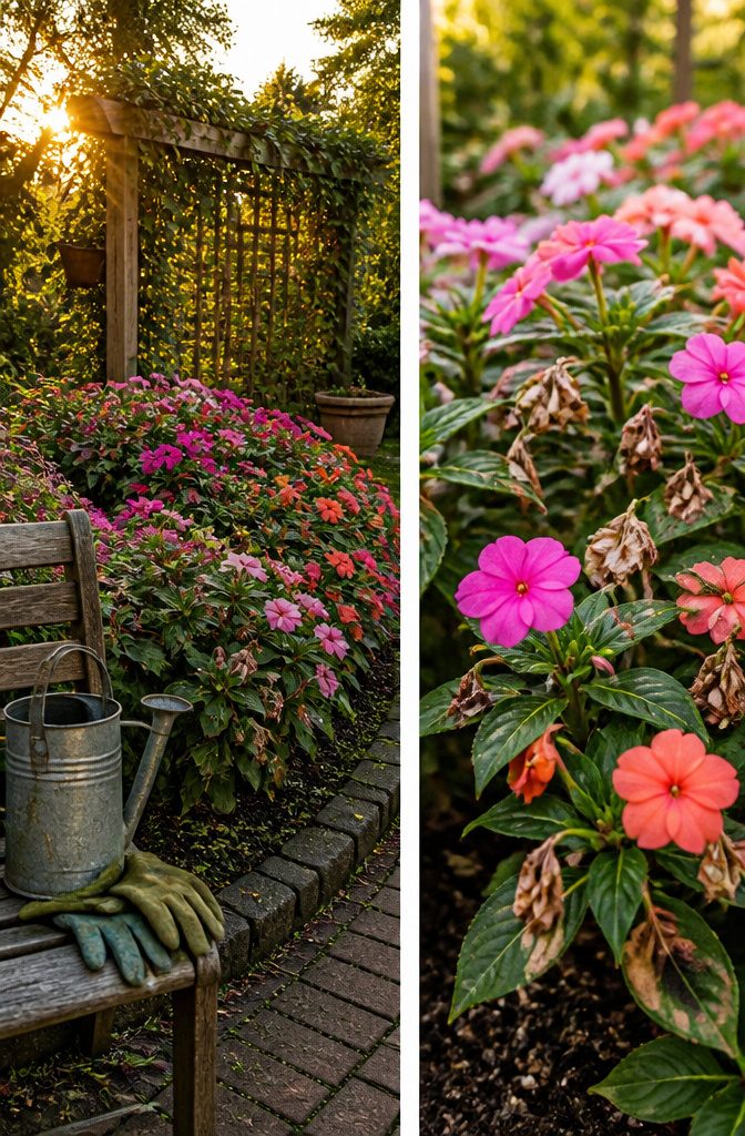 SunPatiens plants in a garden showing reduced blooms.