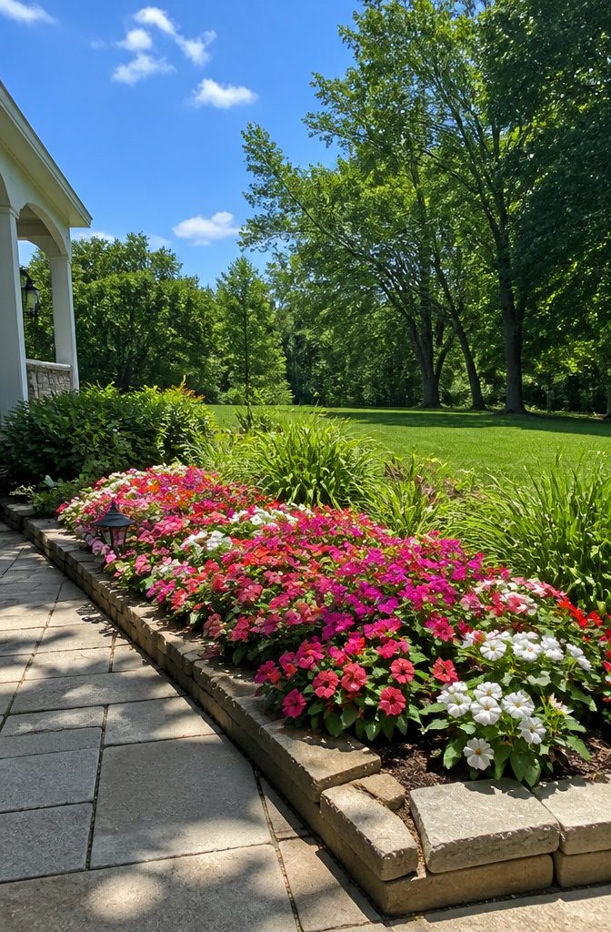 SunPatiens plants under sunlight in a garden.