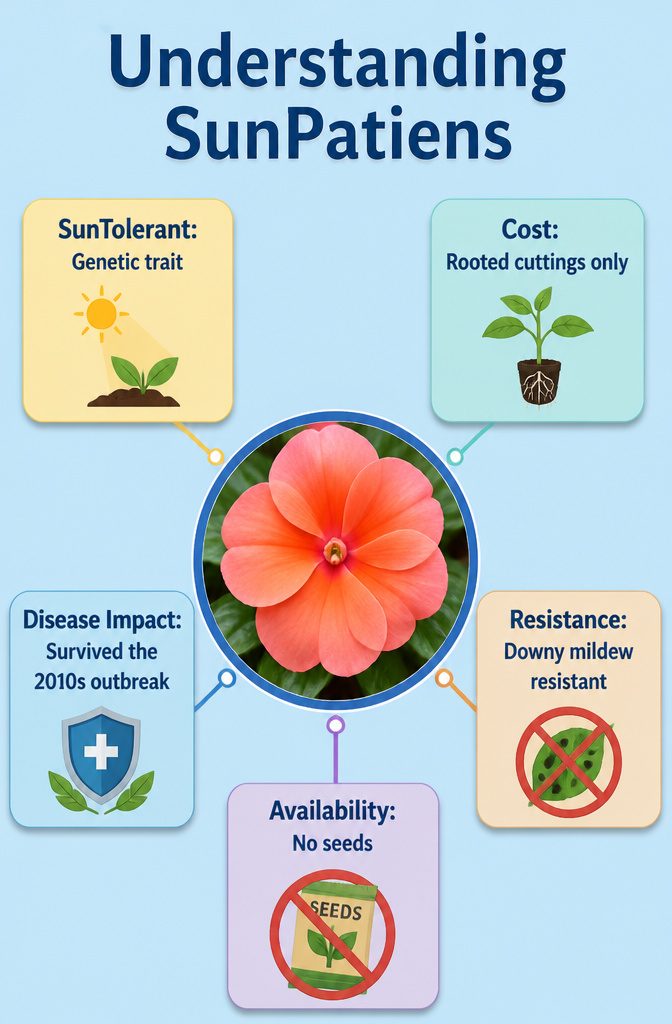 SunPatiens plants in a garden, highlighting their resilience.