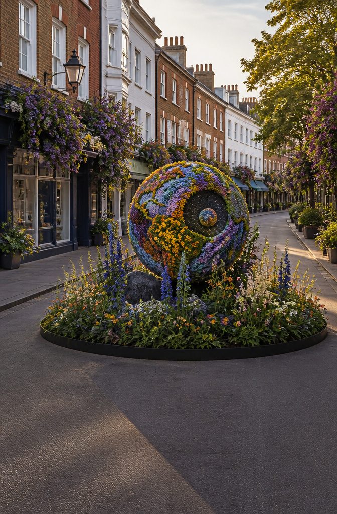 Floral installations displayed on streets near the RHS Chelsea Flower Show.