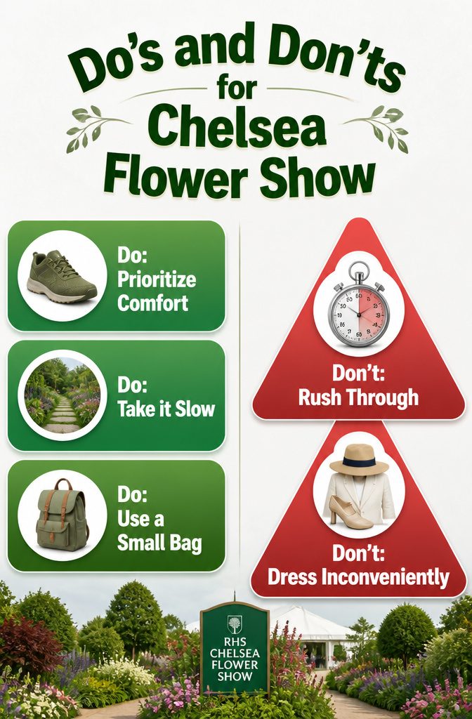 An informational image titled 'Do's and Don'ts for Chelsea Flower Show'.