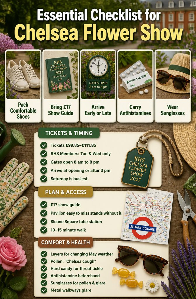 A checklist titled 'Essential Checklist for Chelsea Flower Show'.
