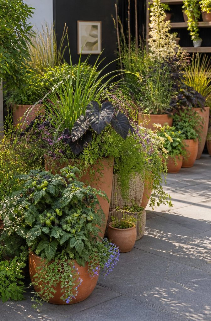Container gardens with terracotta pots filled with various plants and greenery.