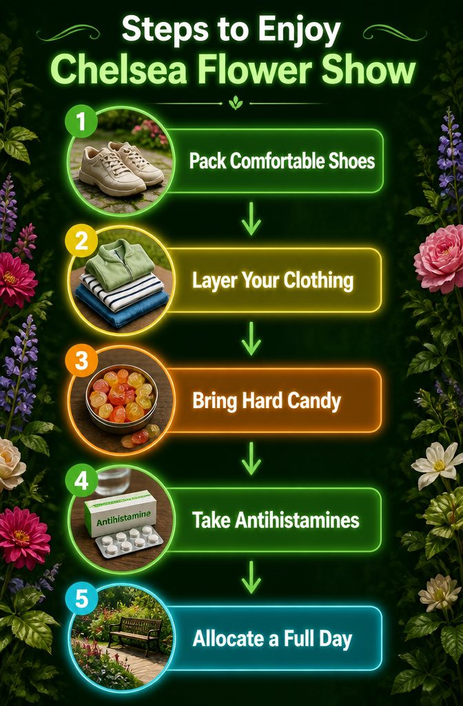 An informational image titled 'Steps to Enjoy Chelsea Flower Show'.
