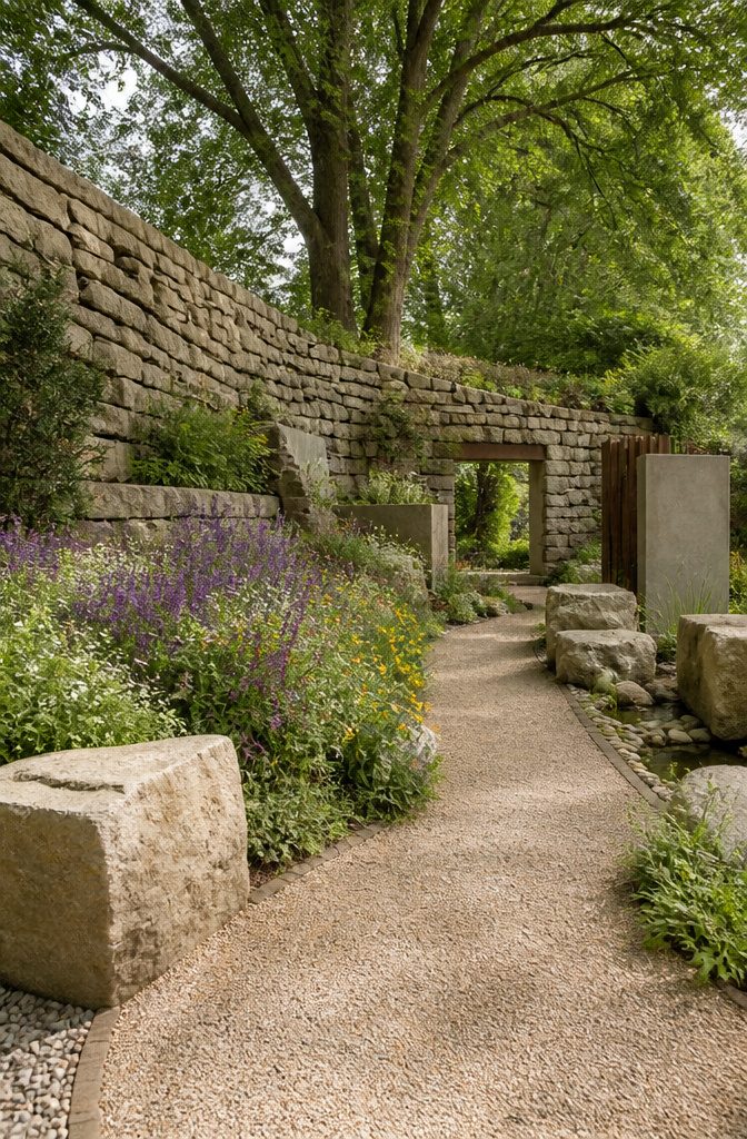 A show garden with a stone wall, mature trees, and vibrant flowering plants.