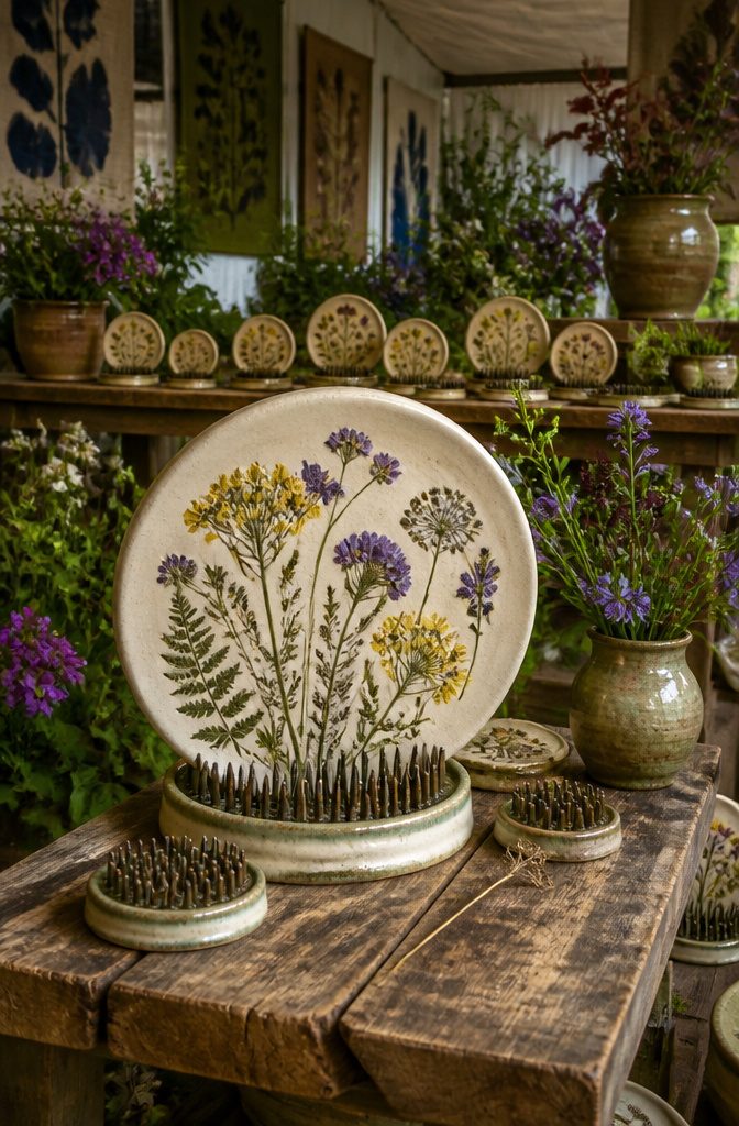 Ceramic flower frogs and flower art displayed at the trade stands.