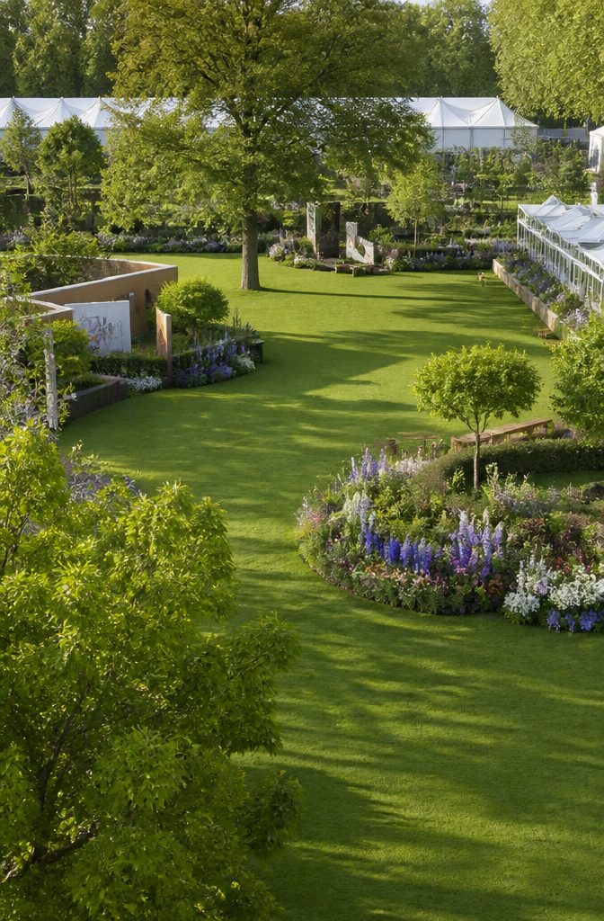 An aerial view of visitors walking through the RHS Chelsea Flower Show.