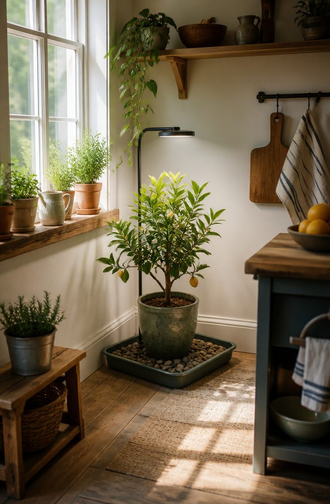 11 Indoor Food Garden Ideas for Growing Vegetables, Herbs and Fruit 11 A Meyer lemon tree with green leaves and small lemons.