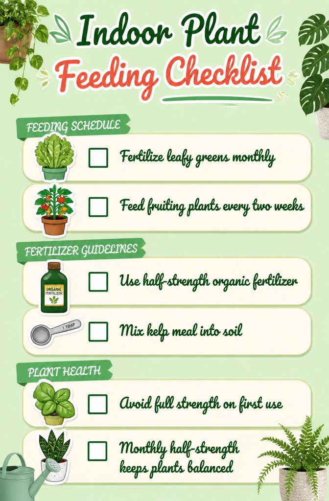 11 Indoor Food Garden Ideas for Growing Vegetables, Herbs and Fruit 16 An indoor plant feeding checklist displayed on a surface.