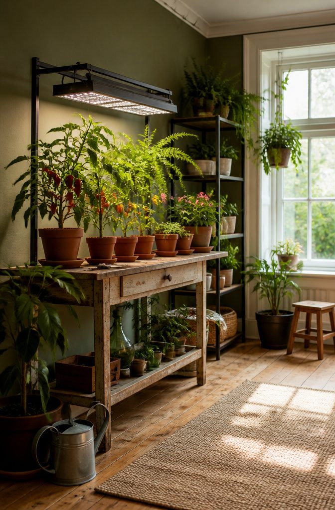 11 Indoor Food Garden Ideas for Growing Vegetables, Herbs and Fruit 5 Tomato and pepper plants growing indoors under bright light.