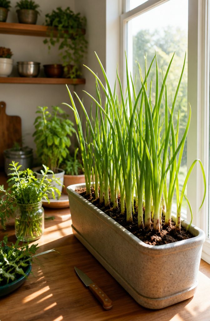11 Indoor Food Garden Ideas for Growing Vegetables, Herbs and Fruit 8 Tall garlic greens growing in a window box filled with soil.