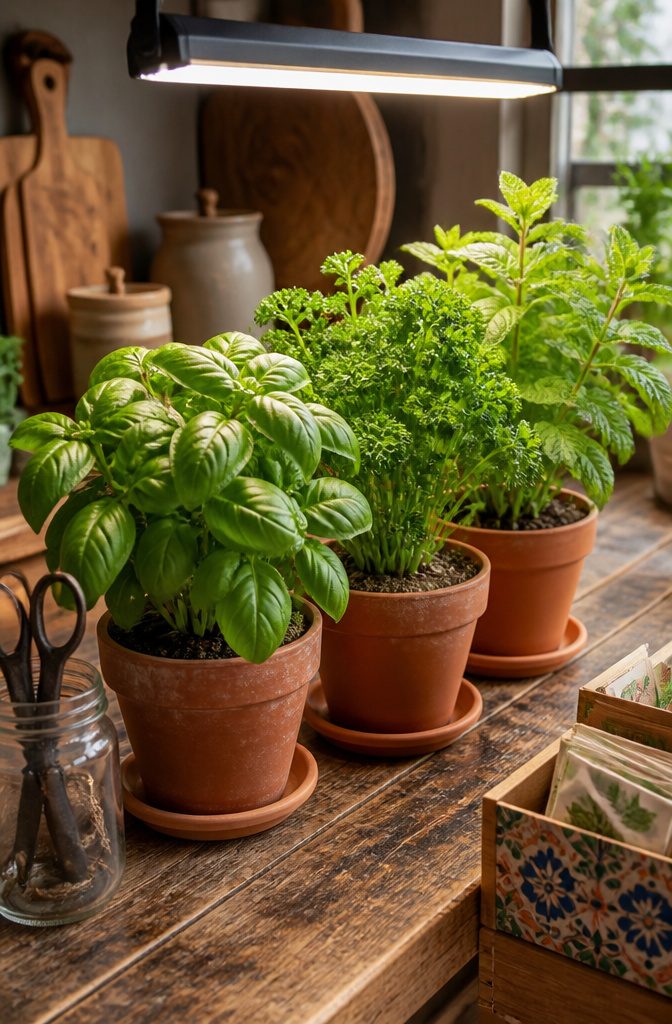 11 Indoor Food Garden Ideas for Growing Vegetables, Herbs and Fruit 3 Three herb plants including basil, parsley, and mint in pots.