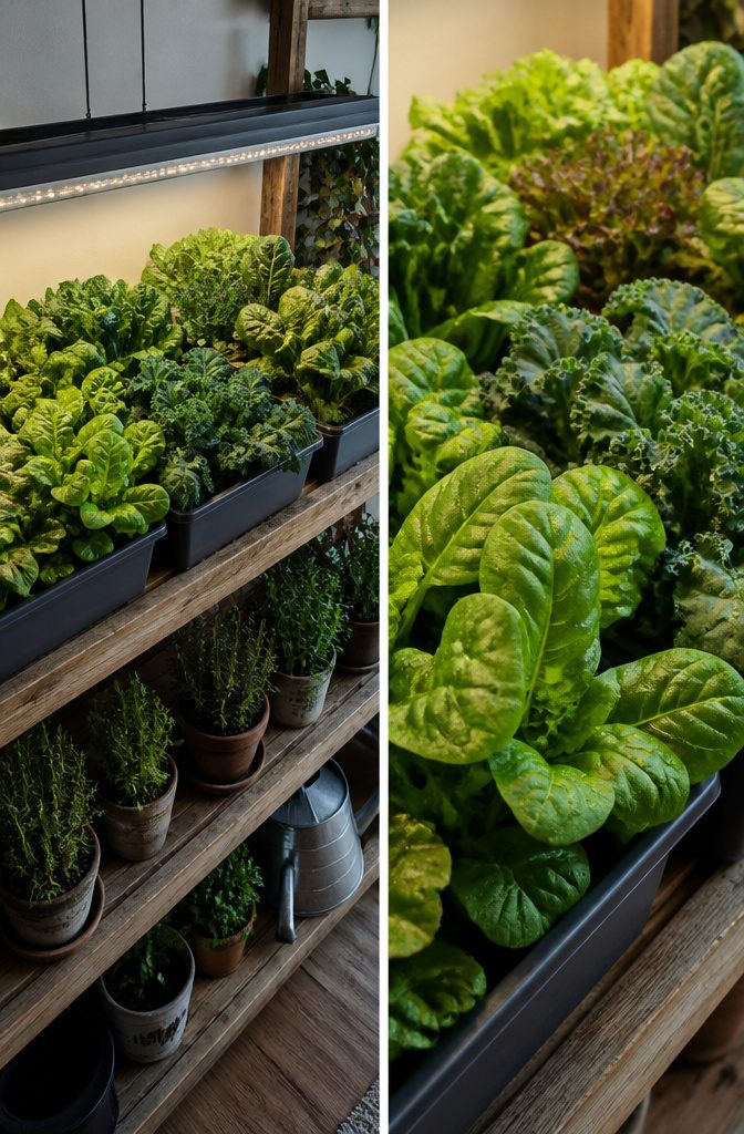 11 Indoor Food Garden Ideas for Growing Vegetables, Herbs and Fruit 2 Leafy greens including lettuce and kale growing under a grow light.