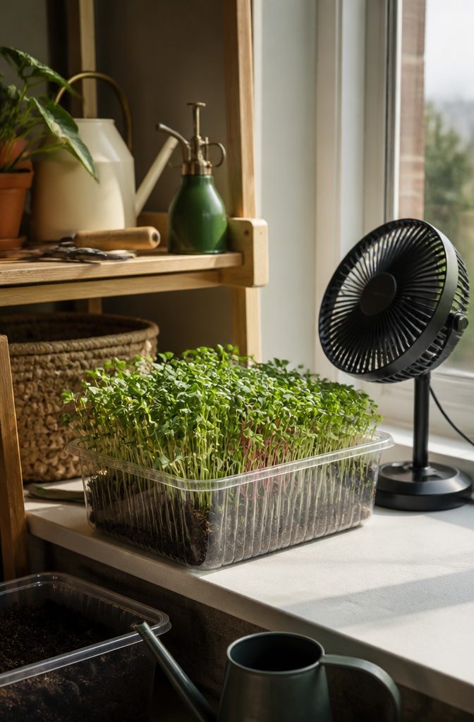 11 Indoor Food Garden Ideas for Growing Vegetables, Herbs and Fruit 1 Microgreens growing in a clear plastic salad container on a windowsill.