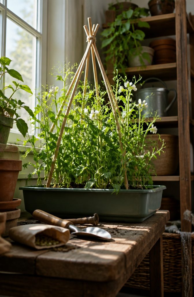 11 Indoor Food Garden Ideas for Growing Vegetables, Herbs and Fruit 10 Dwarf pea plants growing in a small indoor container.