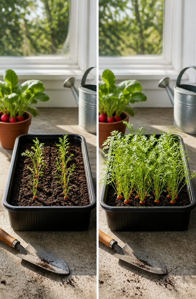 11 Indoor Food Garden Ideas for Growing Vegetables, Herbs and Fruit 4 Carrots growing in a deep container filled with soil.