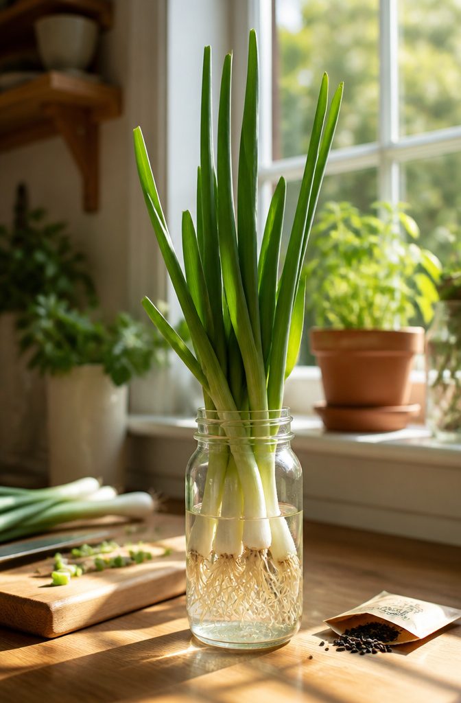 11 Indoor Food Garden Ideas for Growing Vegetables, Herbs and Fruit 7 Scallions standing in a glass jar filled with water.