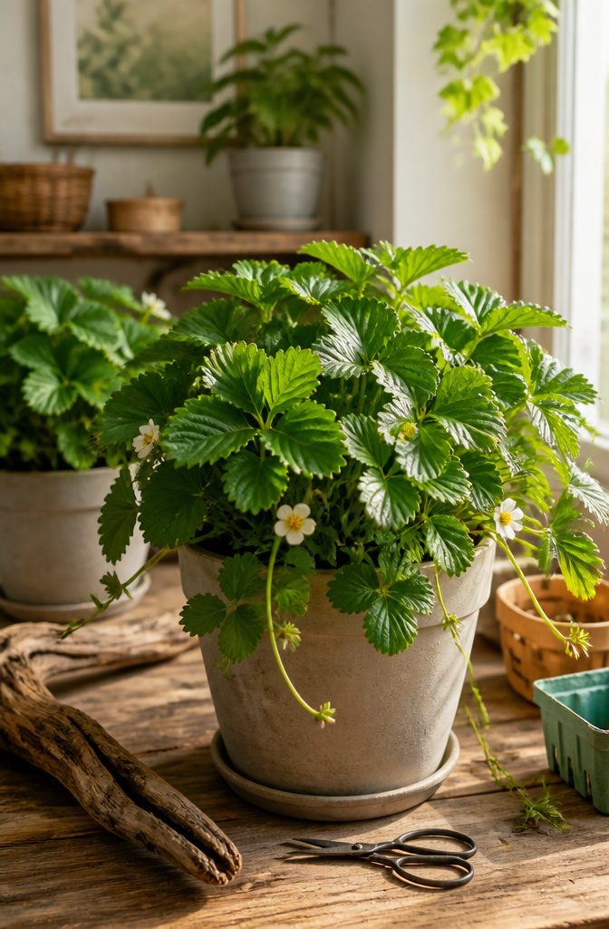 11 Indoor Food Garden Ideas for Growing Vegetables, Herbs and Fruit 9 Strawberry plants growing in containers under a grow light.