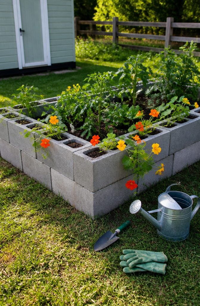 12 Inexpensive Raised Garden Bed Ideas for 2026 2 Cinder block raised garden bed with soil and colorful flowers.