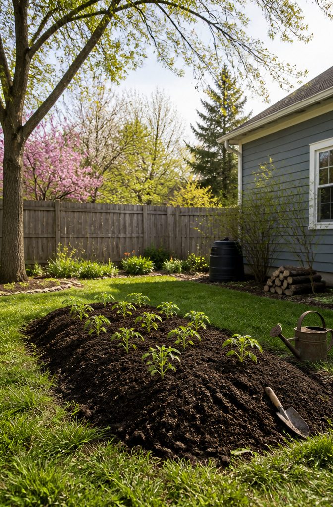 12 Inexpensive Raised Garden Bed Ideas for 2026 1 A garden with mounded soil beds growing tomatoes.