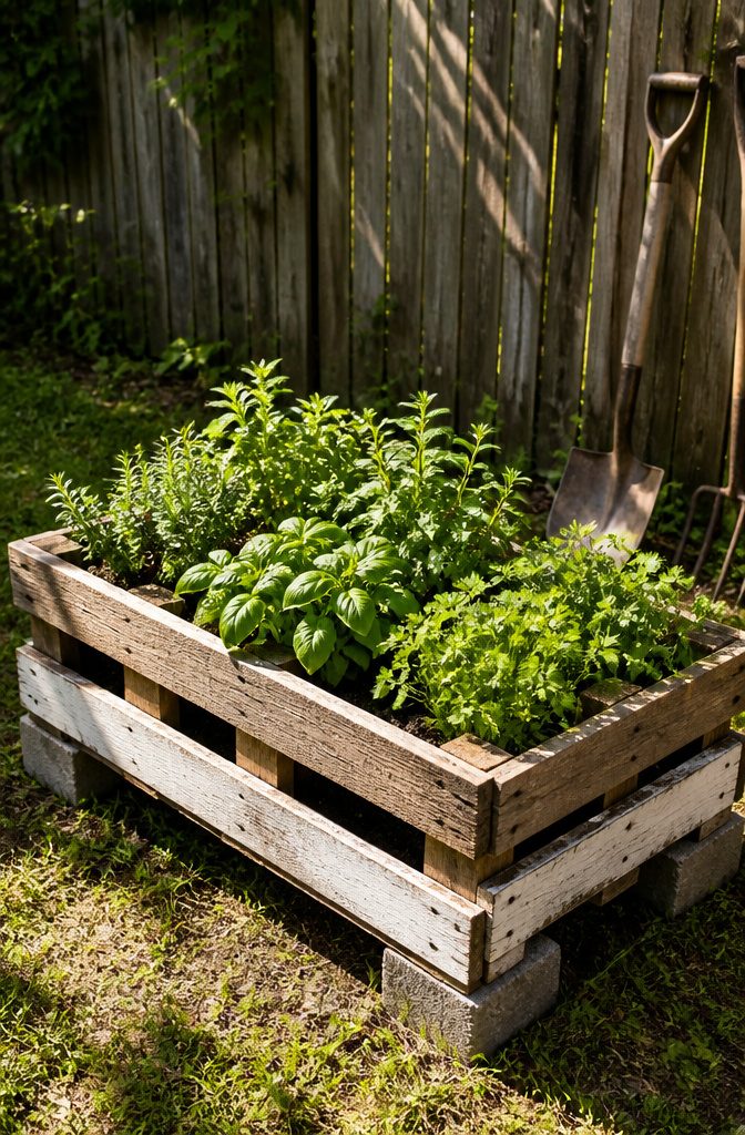 12 Inexpensive Raised Garden Bed Ideas for 2026 5 Wooden pallet raised bed planted with herbs.