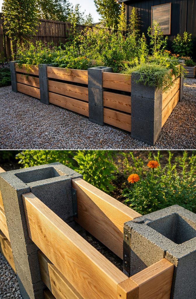 12 Inexpensive Raised Garden Bed Ideas for 2026 3 Raised garden bed built with planter wall blocks and wooden boards.