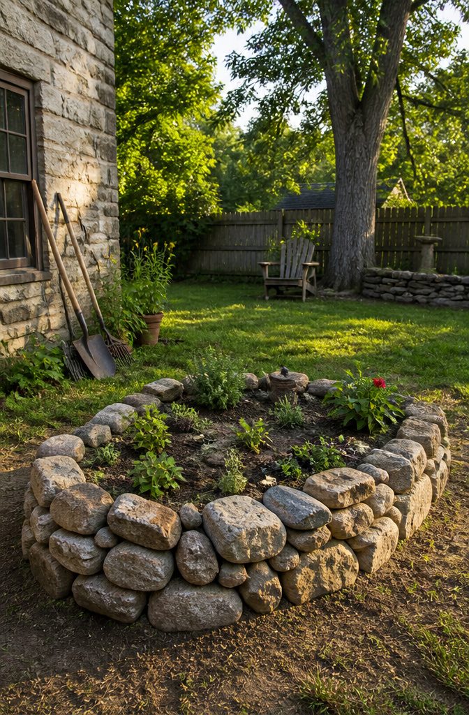 12 Inexpensive Raised Garden Bed Ideas for 2026 4 A raised bed framed with various stones and rocks.