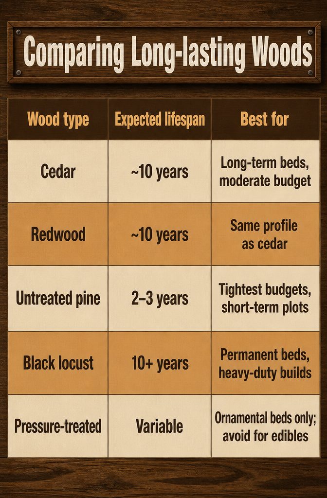 12 Inexpensive Raised Garden Bed Ideas for 2026 14 Chart comparing the lifespan of different wood types for garden beds.