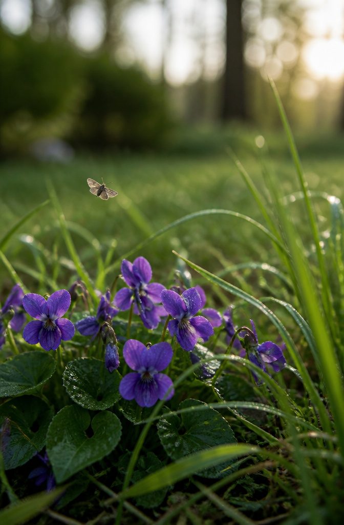 A photograph of blooming dog-violets with a hesitant moth nearby.